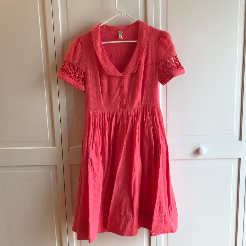 Maeve Anthropology pink retro dress pockets pin up